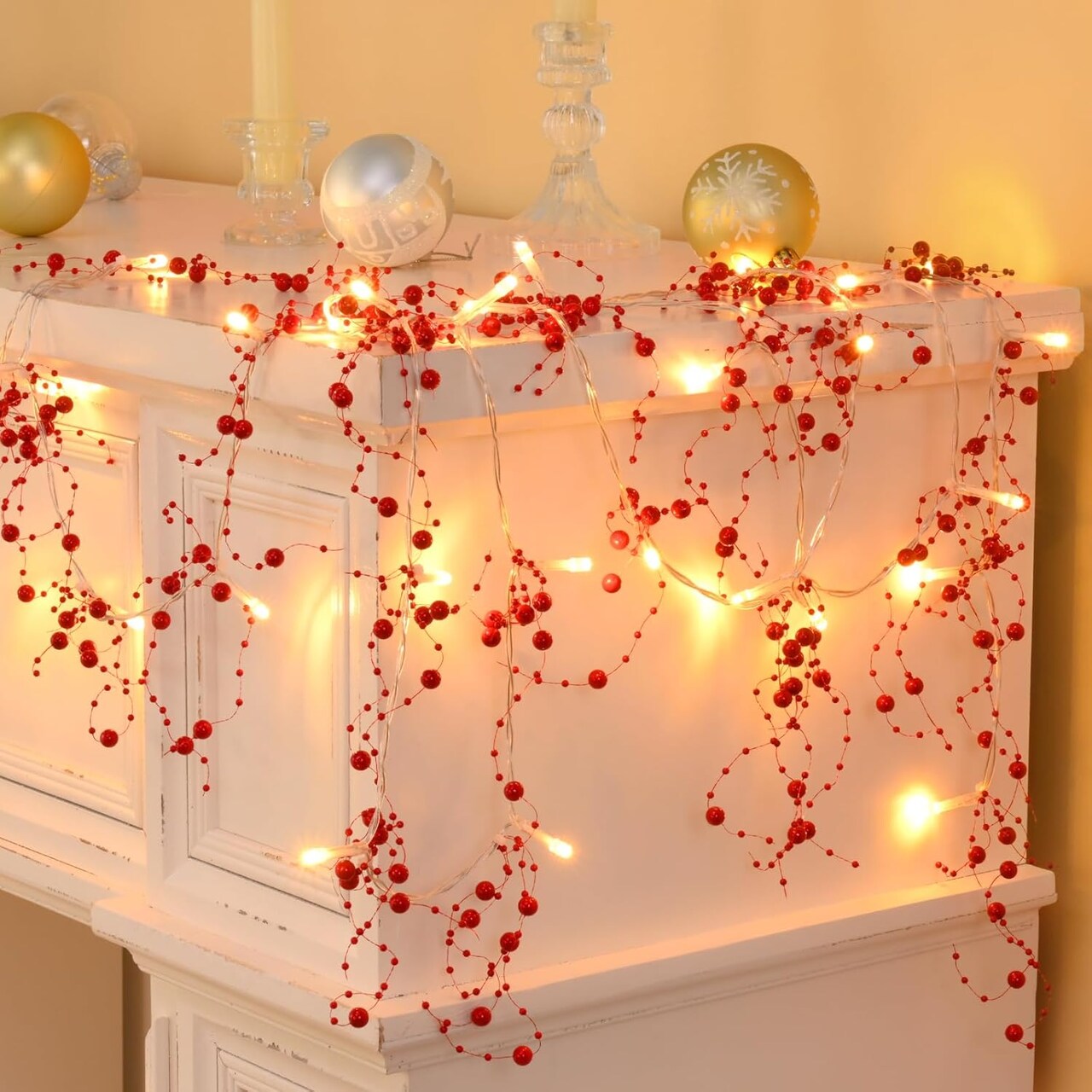Christmas Garland with Lights, Lighted Berry Garland, 13.1FT Christmas Tree Garland, Christmas Decorations Indoor for Home Outdoor Gate Table Fireplace New Year Decor, Red